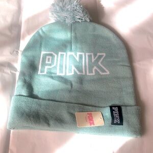 NWT PINK by Victoria’s Secret beanie. Pastel green with white PINK logo.